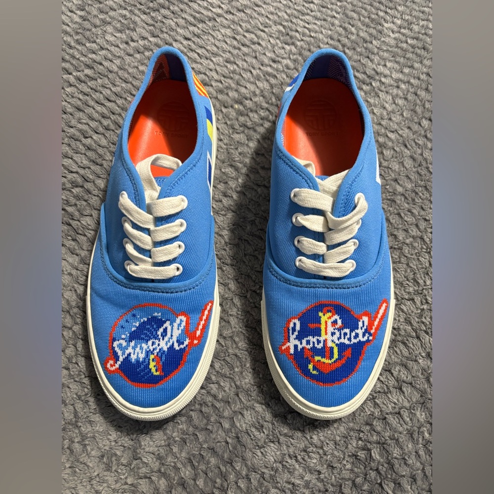 Tory Sport Bright Blue Knit Sneakers with White Laces and Orange Insole Size 7.5